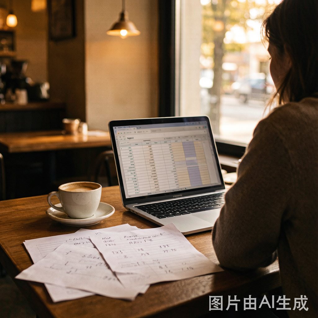 坐在咖啡厅整理账单